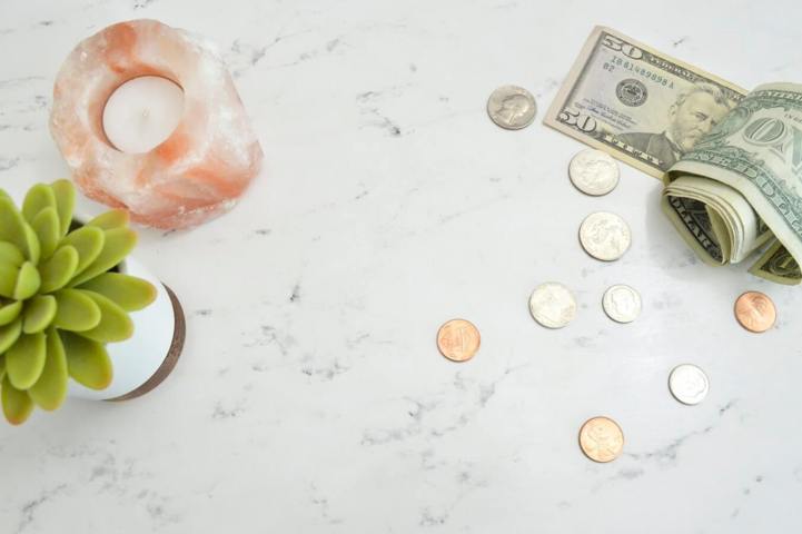 pink circle crystal succulent plant coins and dollar bills